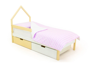 Кровать-домик мини Svogen с ящиками и бортиком бежево-белый