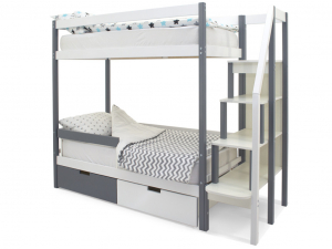 Двухъярусная кровать Svogen с ящиками и бортиком графит-белый